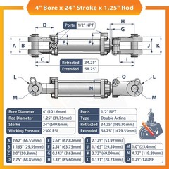 4×24 Hydraulic Cylinder 4″ Bore 24″ Stroke Double Acting Tie-Rod Cylinder
