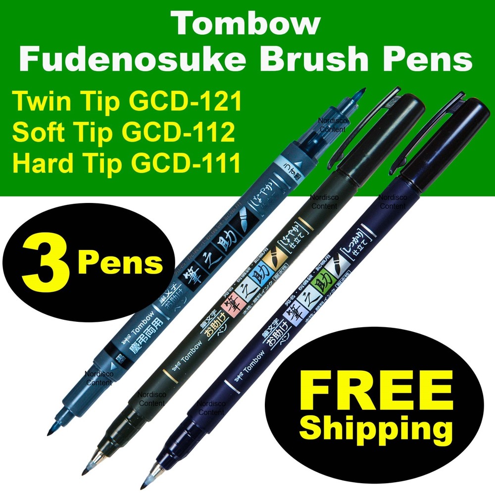 3 Tombow Fudenosuke Pens, Twin Tip GCD121, Hard Tip GCD111 & Soft Tip GCD112