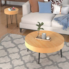 31.5 In. Natural round Wooden Farmhouse Coffee Table (Set of 2) End Table Natura