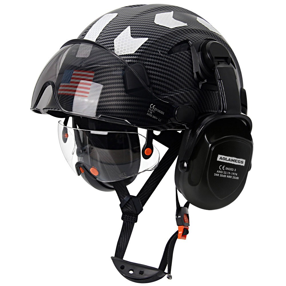 Carbon Fiber Safety Helmet W/ Double Goggles Earmuffs ABS Construction Hard Hat