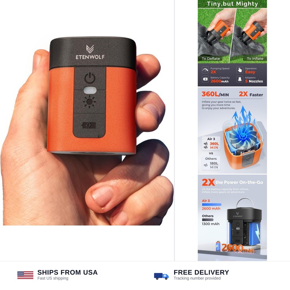 ETENWOLF AIR 3 Air Pump for Inflatables with 2600 mAh Battery & Camping Light…