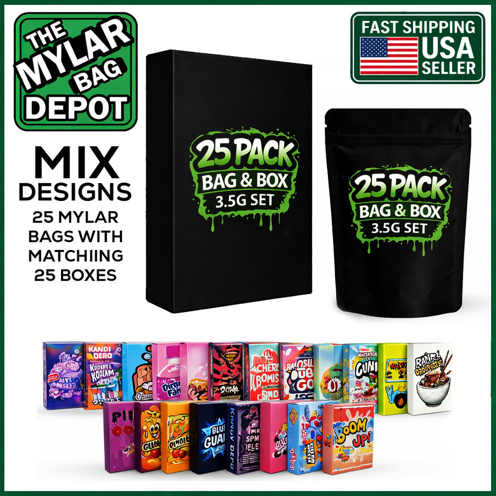 25 Pack 3.5g Mylar Bags with Matching Boxes Assorted Designs Foil Zip Pouches