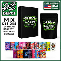 25 Pack 3.5g Mylar Bags with Matching Boxes Assorted Designs Foil Zip Pouches