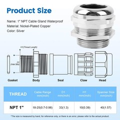 2 Pcs 1″ NPT NickelPlated Copper Waterproof Cable Gland, IP68 Waterproof Adju…