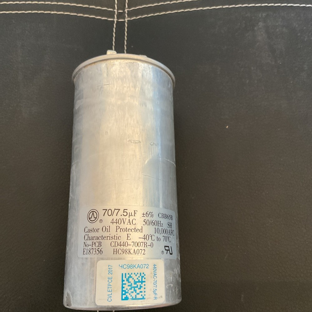 70+7.5µf x 440 VAC MULTI-PURPOSE RUN CAPACITOR, 50/60Hz ROUND TYPE .
