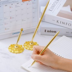 2Pcs Gold Wedding Pen and Metal Pen Stand Holder Set Signing Desk Ballpoint Pens