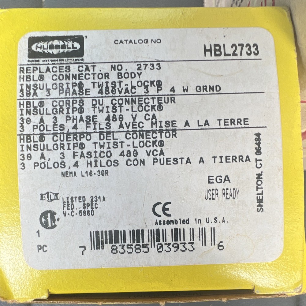 Hubbell HBL2733 NEMA L16-30P Twist-Lock Electrical Plug 30A 480V Yellow