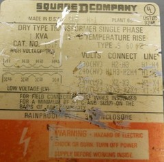 SQUARE D TRANSFORMER DRY TYPE 1 PHASE, 1 KVA, TYPE S, 60 Hz, 1S1F