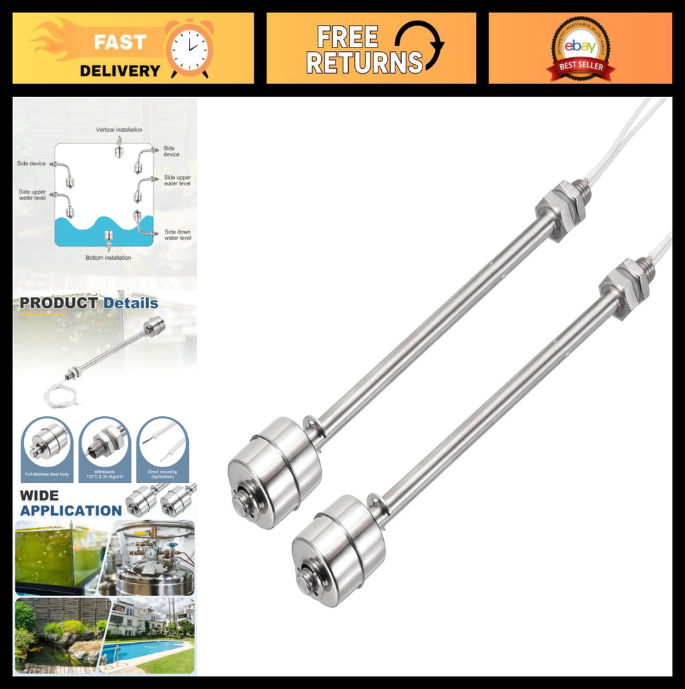 Stainless Steel Float Switch 150mm Rod 110V DC Vertical Water Level Sensor 2 Pcs