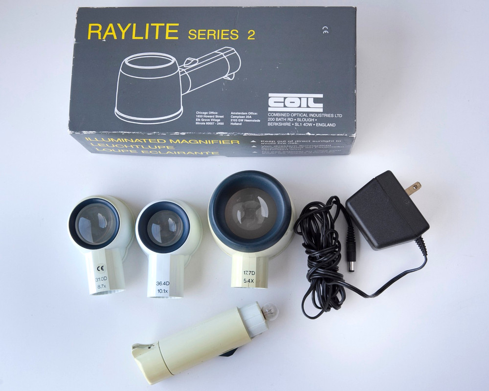RayLite Illuminated Magnifier w/3 Heads 10.1x 8.7x 5.4x & Transformer – England