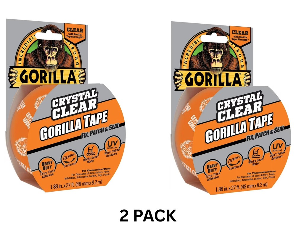 2 PACK- Crystal Clear Gorilla Tape 1.88 in X 27 ft Heavy Duty Flexible Outdoor