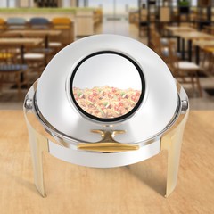 Roll Top Chafing Dish Buffet Set Gold Accent 6.3 Quart Round Stainless Steel