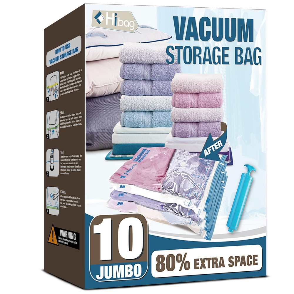 HIBAG Vacuum Storage Seal Bags, 10 Jumbo Space Saver Vacuum Sealer Bags for C…