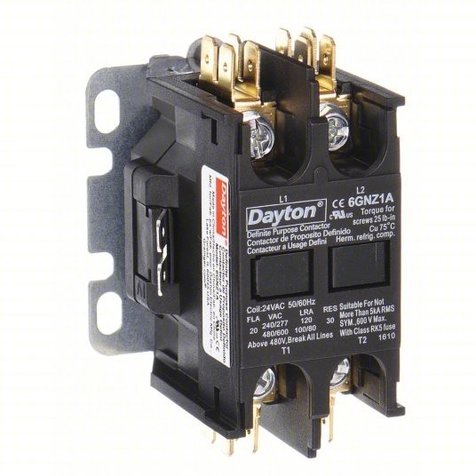 DAYTON Definite Purpose Magnetic Contactor: 2 Poles, 208-240V AC, 25 A, Non-Reve