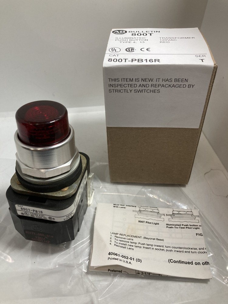 ALLEN BRADLEY 800T-PB16R PUSHBUTTON RED 1NO/1NC XFMR ILLUMINATED SER T NIB