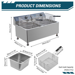 1700W 11L Electric Deep Fryer Commercial Stainless Steel Dual Basket Drain Valve