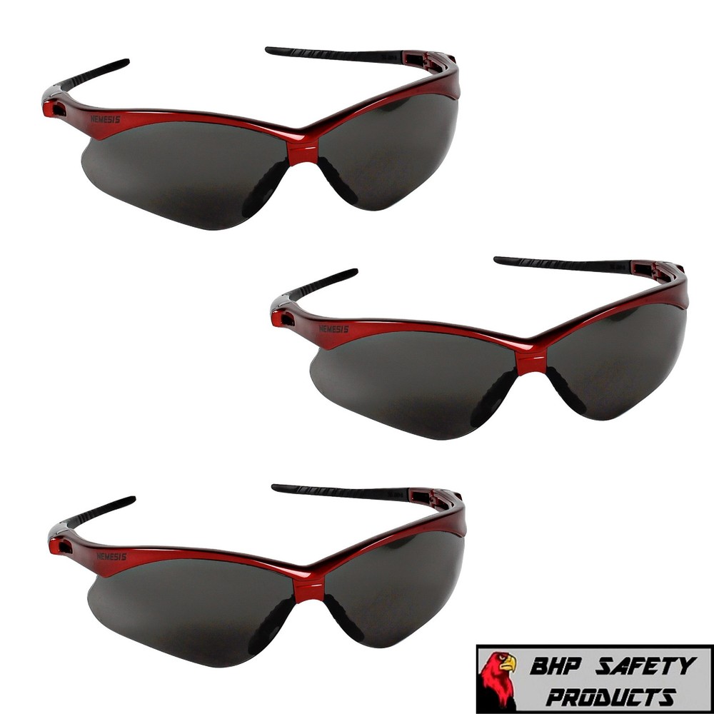 3 PAIR KLEENGUARD NEMESIS SAFETY GLASSES SMOKE LENS W/RED FRAME SUNGLASSES 22611