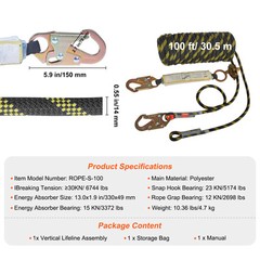 VEVOR Vertical Lifeline Assembly 0.55” x 100′ Fall Protection Rope 30 KN ANSI