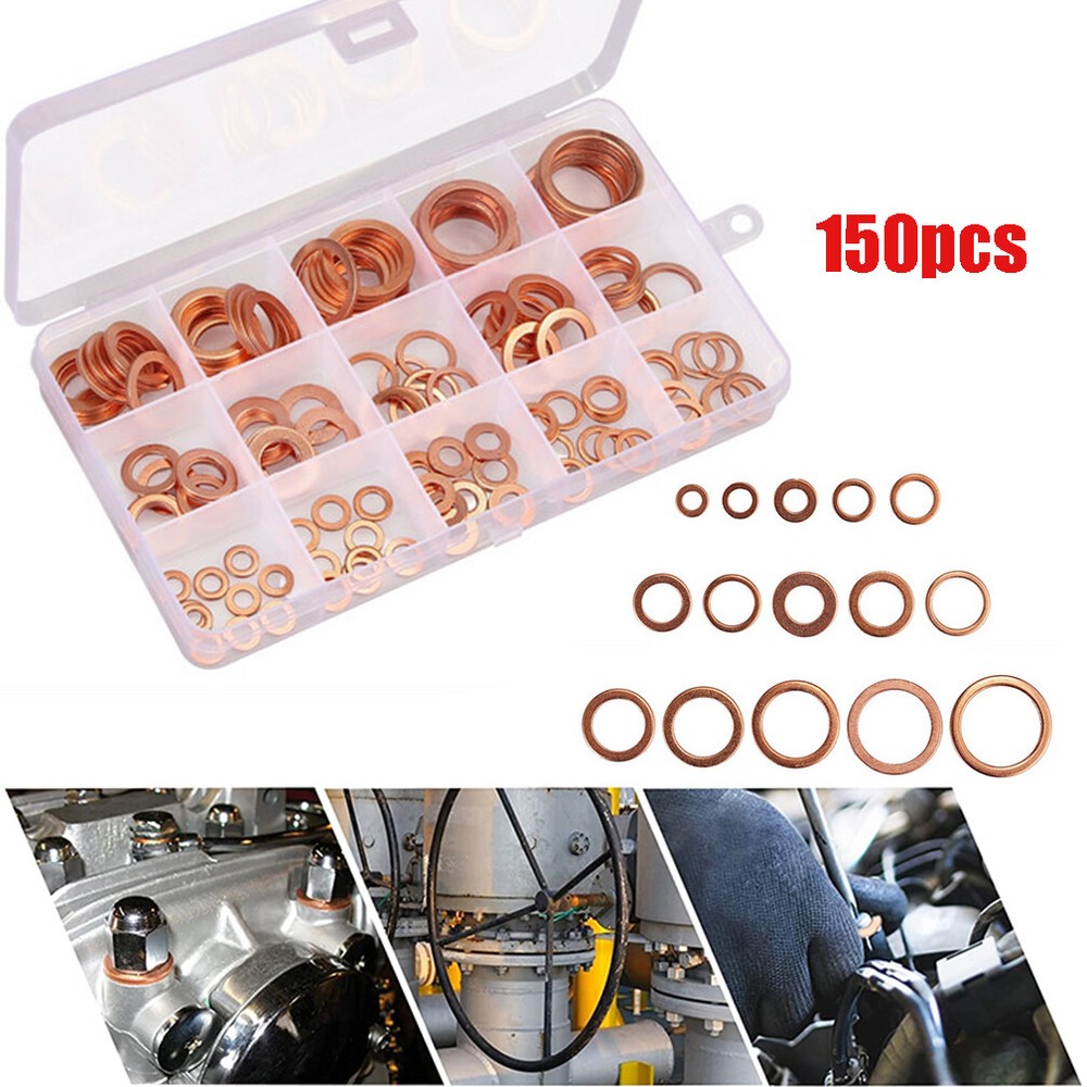 150PCS M5-M22 Copper Crush Washer Gasket Set Flat Ring Seal Assortment Kit USA