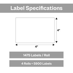4″ x 4″ Direct Thermal labels No Ribbon Required 4 Rolls White 1475 Labels/Roll