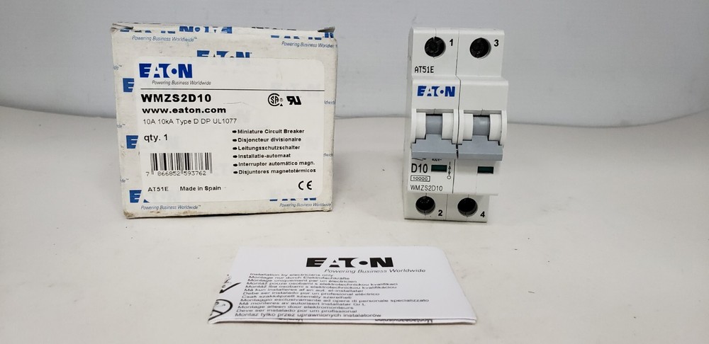 EATON WMZS2D10 (FAZ-D10-2) CIRCUIT BREAKER, 2P 10A 277/480VAC 10kA TYPE D, NIB