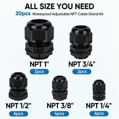 20 Pcs IP68 Waterproof Cable Gland Kit Nylon NPT Adjustable Cable Connectors …