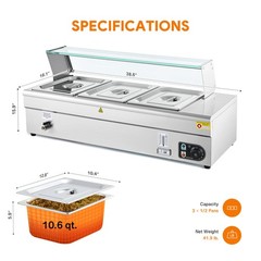 WILPREP Commercial Electric Food Warmer 1500W Buffet Bain Marie Steam Table 3Pan