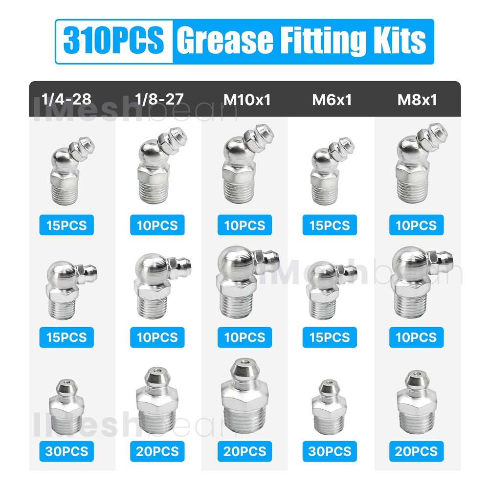 310pcs Metric & SAE Hydraulic Grease Fittings Grease Nipple Assortment Kit w/Box