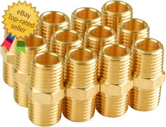 12-Pack 1/4 Inch Male Hex Nipples, 1/4” NPT Male Brass Pipe Fitting Adapters, 1