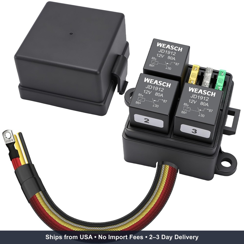 12V 3 Way Pre-Wired Fuse Relay Box Kit with 3 x 4-Pin 80A Relays | 3 ATC/ATO Slo