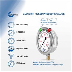 4″ Pressure Gauge, Stainless Steel Case, Liquid Filled, Lower Mnt 4000 PSI