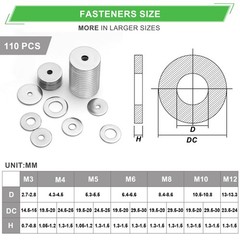 108Pcs 304 Stainless Steel Flat Washers, Fender Washers Assortment Kit 12 Sizes
