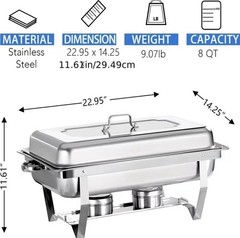 Stainless Steel Full Size 8 Qt Rectangle Chafing Dish Lift-Off Lid Commercial