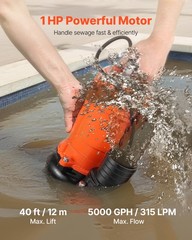 VEVOR 1 HP Submersible Trash Pump Sump Sewage Pump 5000 GPH 40 ft Lift Cast Iron