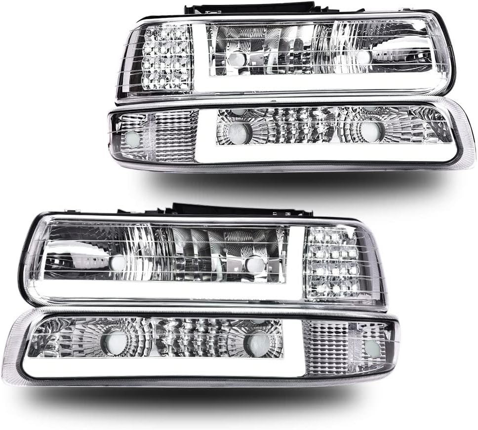 LED DRL Headlight 99-2006 Chevy Silverado Suburban Tahoe 1500 2500 Clear Chrome