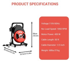⏯50FTx1/2 Inch Drain Cleaner Machine Sewer Snake Electric Drain for 2″ to 4″ Pip