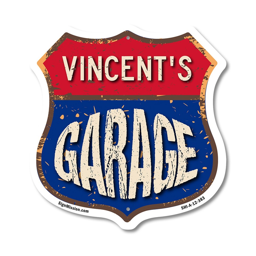 Vincent’s Garage Shield Shaped Sign Weather Resistant Crafted in the USA