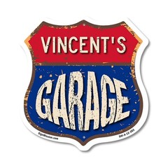 Vincent’s Garage Shield Shaped Sign Weather Resistant Crafted in the USA