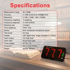 Sound Level Meter Decibel Meter 30-130dB Wall Mount Data Logging Alarm 13″ Large