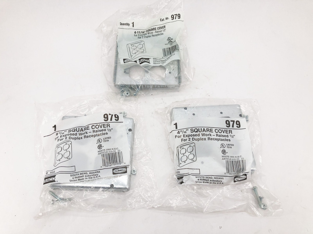 Lot of 3 New Hubbell Raco 979 Square Covers 2-Gang Galvanized 4-11/16″