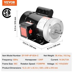 1HP Electric Compressor Motor, AC 115V/230V, Overload Protection & Efficiency