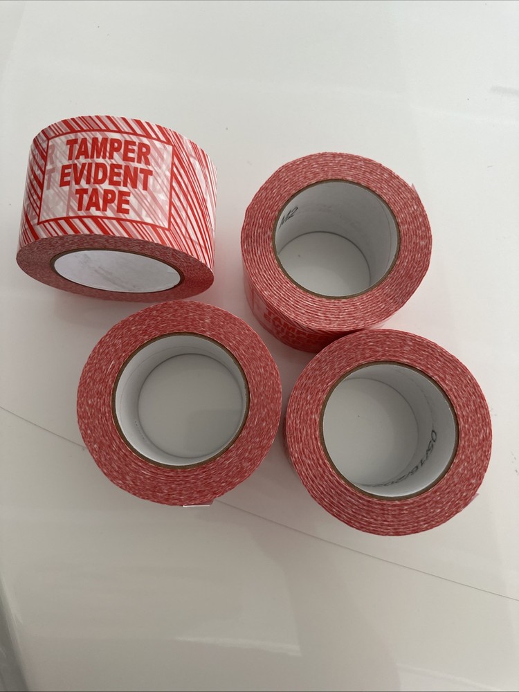 (QTY 4) Tamper Evident Sign Tape 2.5 mil 72mm x 100m with White & Red Stripes