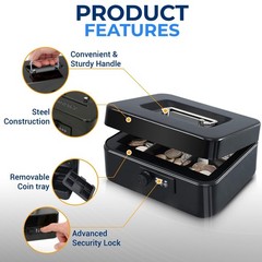 SereneLife 8″ Metal Cash Box w/ Lock, Cash Safe w/ Money Tray & Secure Lock