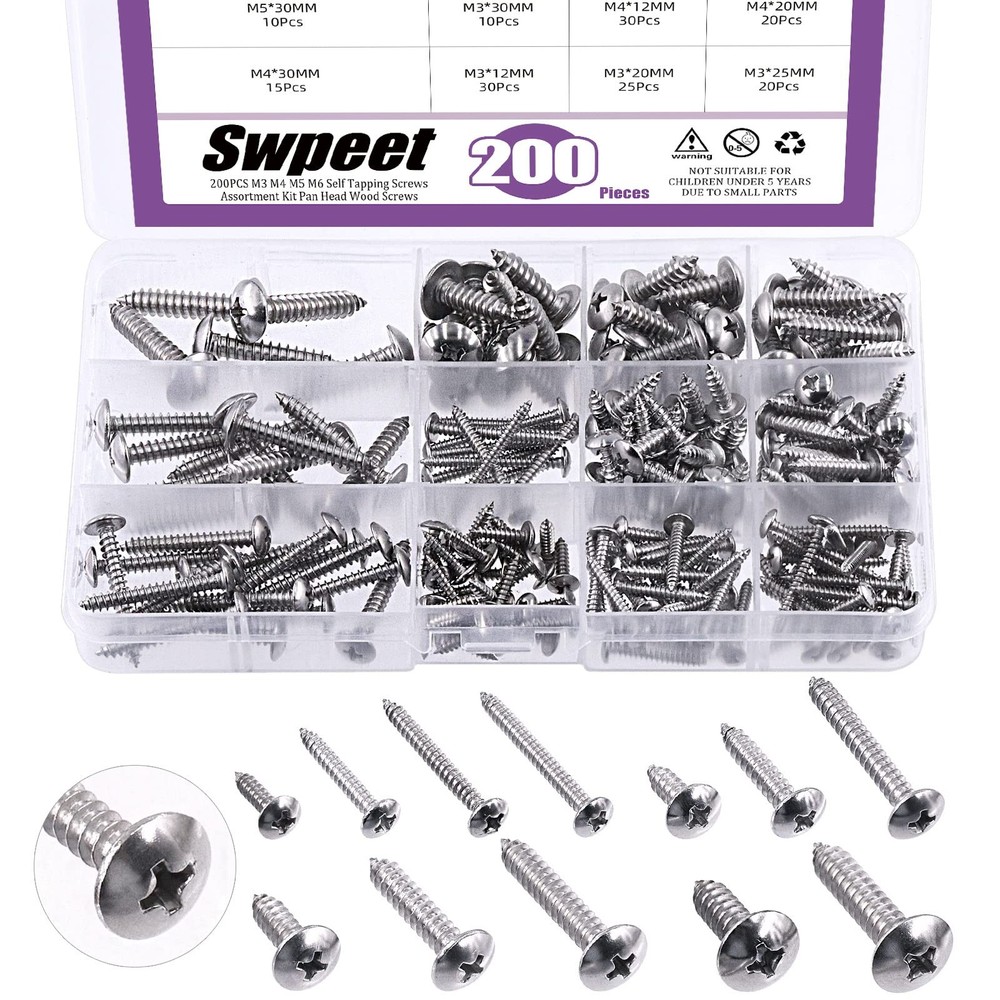 200Pcs Truss Head Phillips Self Tapping Screws Assortment Wood Metal PVC Durable