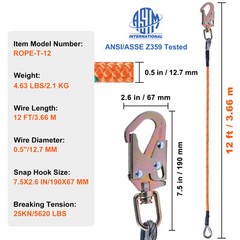VEVOR Steel Core flipline 1/2″ x 12′ Arborist Flipline for Tree Climbing