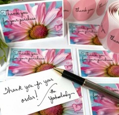 200 pc Business Set, Thank You Cards. Thank You Stickers, Pink Daisy 100 Sets