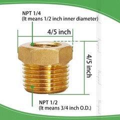1/4 Inch Female to 1/2 Inch Male NPT Brass Reducer Bushing Adapter 4 Pack