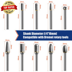 10Pcs Die Grinder Bits W/ 1/4″ Shank, Tungsten Carbide Burr Set for Metal Steel