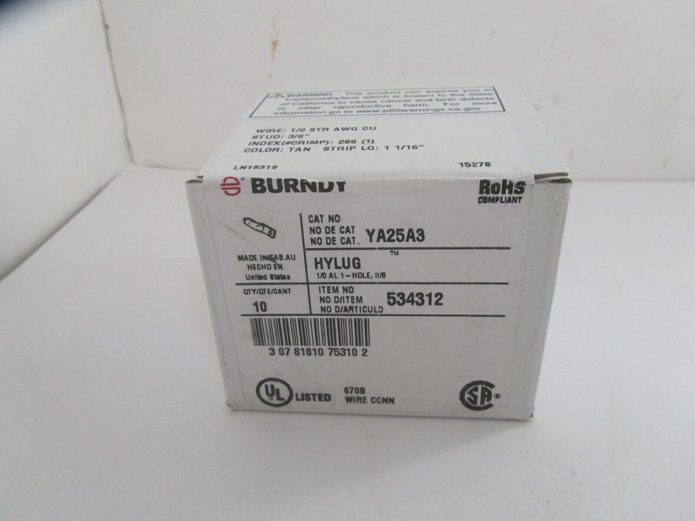 Burndy YA25A3 Hylug 3/8″ Tan 1 Hole Compression Lug (Box of 10 Lugs)