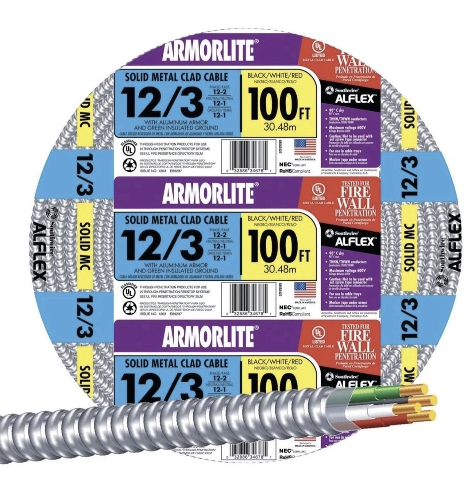 Southwire 100 ft Metal Clad Cable Solid Copper Armorlite Aluminum